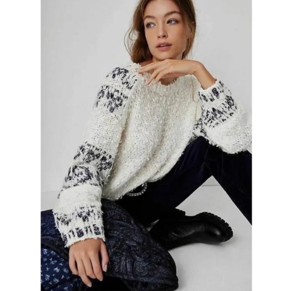 Anthropologie Pilcro Cream Textured Alpaca Wool Petra Feathered Sweater XS Boho
